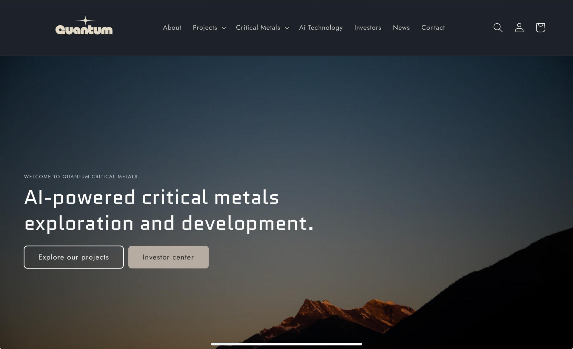Quantum Critical Metals website home page with AI-powered critical metals exploration hero