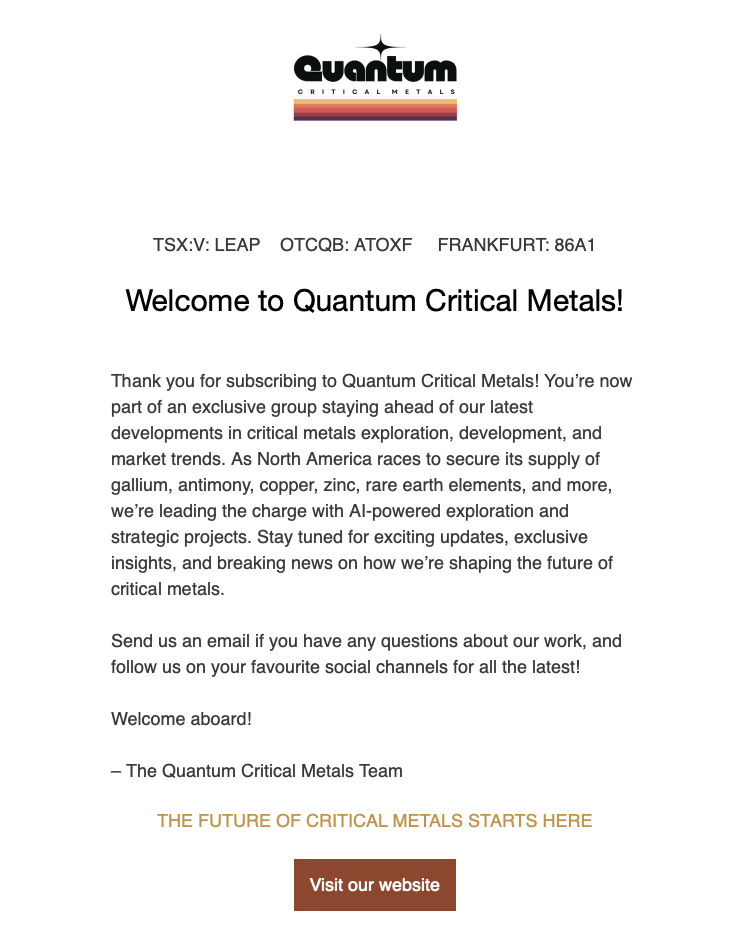 Quantum Critical Metals investor welcome newsletter email design