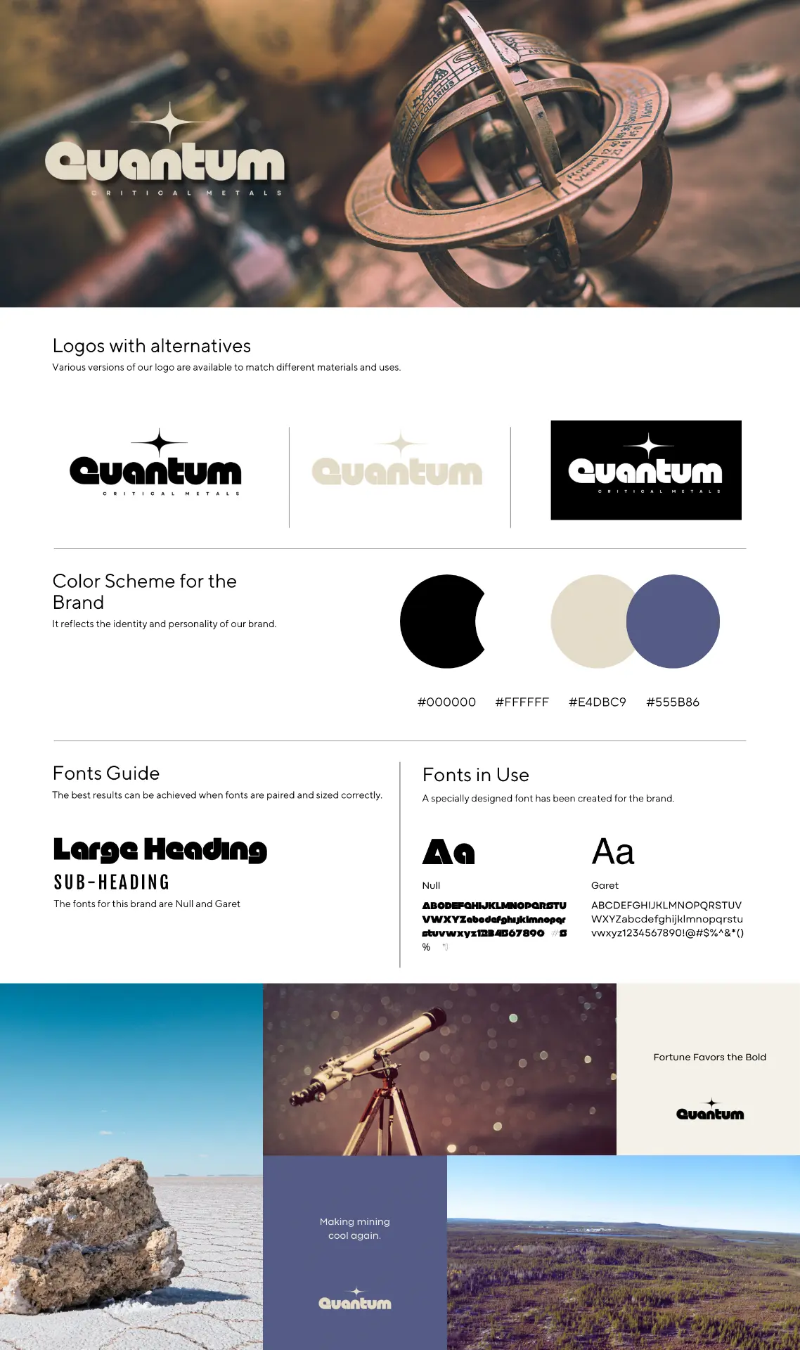 Quantum Critical Metals brand board showing logo alternatives, colour scheme and typography